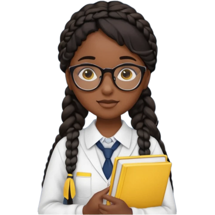 Girl student wearing uniform, glasses, hold yellow book in front of their chest, black braided hair, dark skin emoji