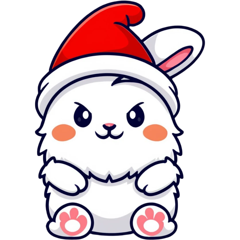 fluffy white angora rabbit wearing red and green Christmas hat being held emoji