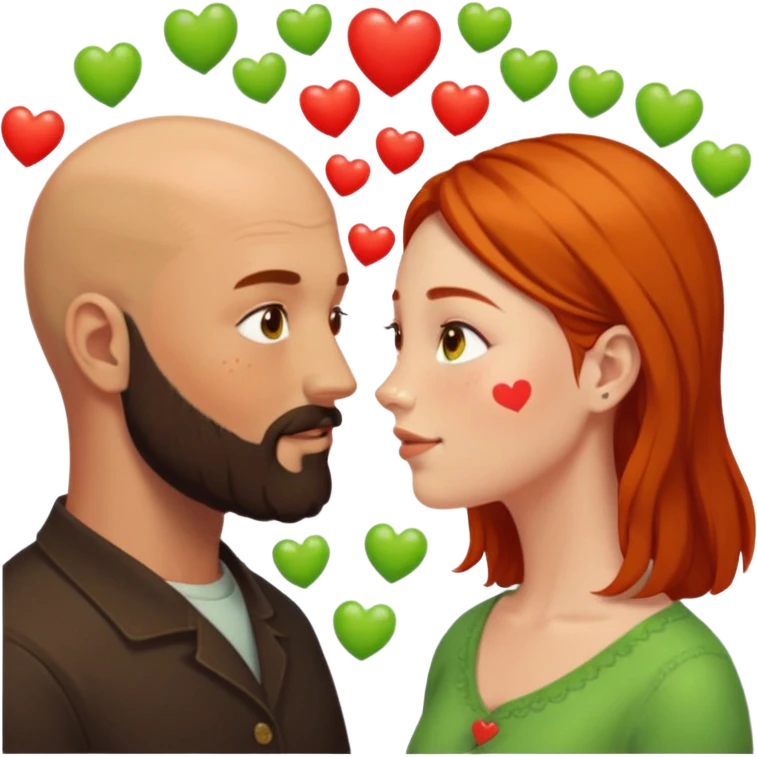 Couple. Bald man with dark brown-black beard. Woman with freckles, white skin and she has orange, auburn-yellow-brown hair. She has light yellow-green-brown eyes. He have hazel eyes. They look at each other. Many small red hearts around them. emoji