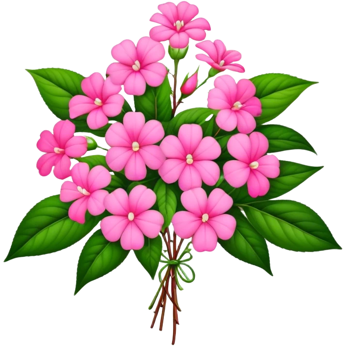 big bouquet pink Impatiens Balsamina flower, stem, leaf emoji
