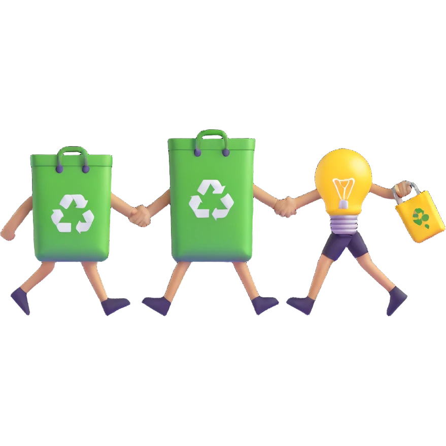 a lightbulb and a battery holding hands, carrying recycling bags, walking toward a recycling bin emoji