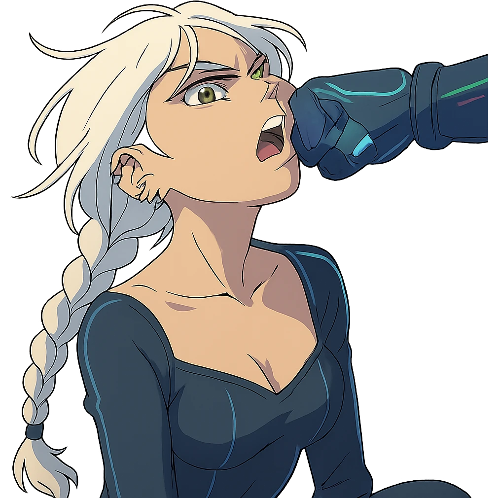  she is getting punched in the face, facepunch, her head is tilting back, a closeup portrait of young woman with gold yellow eyes, white hair, long braid, black off-shoulder top d-cup, punk gothic style, futuristic cyberwave cyberpunk, sitting position
 emoji