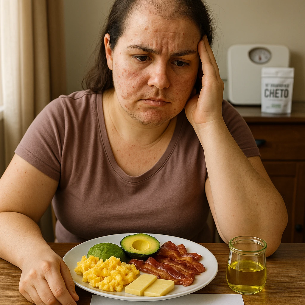 hyperrealistic 4K image of a woman with PCOS sitting at a table, frontal view, face with acne and chin hair, thinning hair, in a realistic domestic environment with natural light. In front of her a plate with typical ketogenic diet foods (scrambled eggs, avocado, bacon, cheese, olive oil) and a sheet with the clearly readable text 'DIETA CHETOGENICA'. She has an unsatisfied expression, one hand holding her head, skeptical look towards the plate. In the background a weighing scale and a package of supplements labeled 'INTEGRATORE CHETO'. emoji