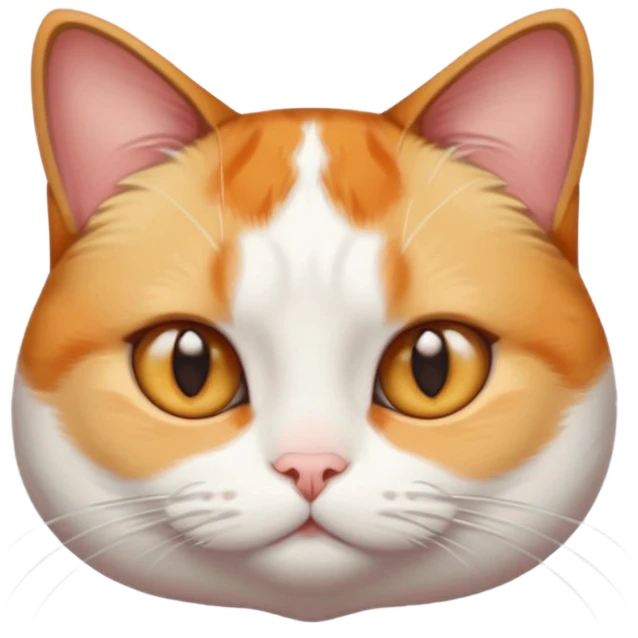 calico and white cat with small head, hazel eyes, and short but chubby body emoji
