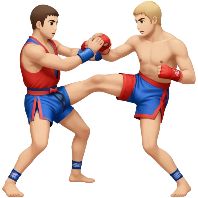 An icon symbolizing Sambo, featuring two fighters in blue and red kimonos with shorts and wrestling shoes. One executes a powerful throw, while the other attempts a defensive grab. The fighters are engaged in a grapple, using joint locks and sweeps.  emoji