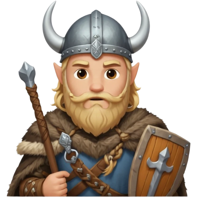 A tall Viking with braided blond beard, fur cloak, and heavy axe resting on his shoulder with horned helmet emoji