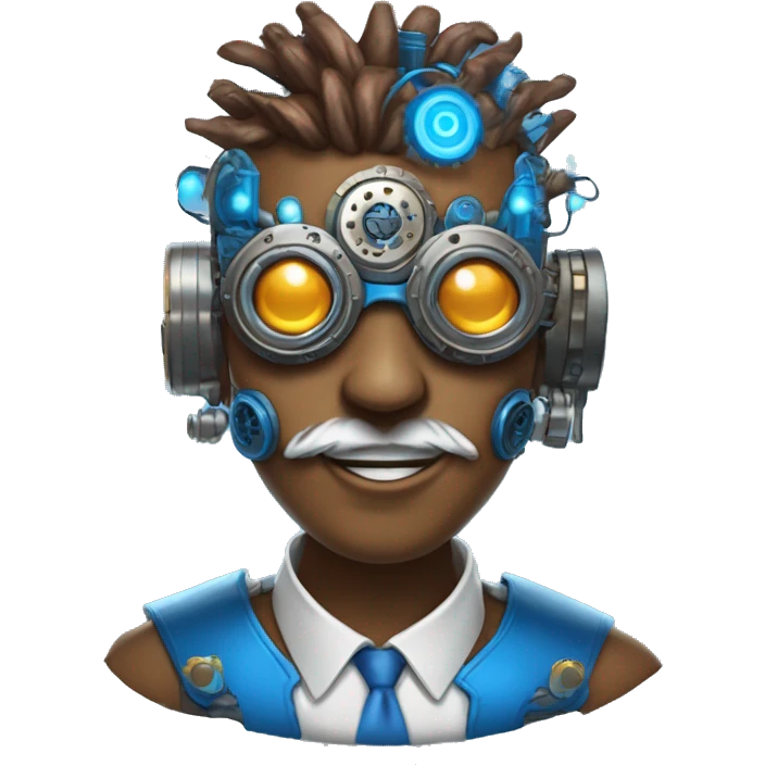 Brown cyborg head with blue Mohawk, blue beard, silver steampunk monocle goggles a smile and circuits emoji