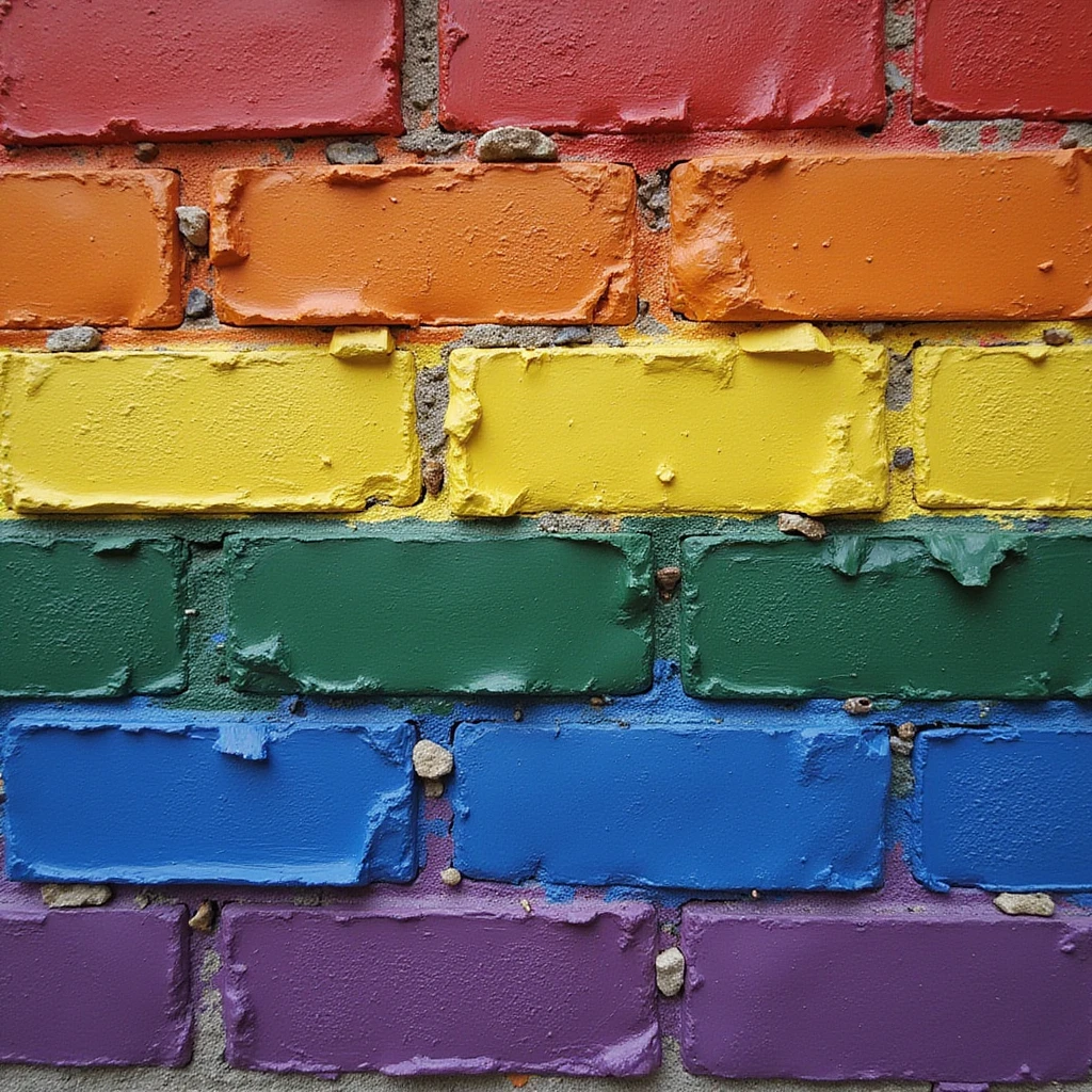a realistic brick wall with each brick clearly shaped like a brick, each brick a different vibrant color from the LGBTQIA+ pride flag including red, orange, yellow, green, blue, purple, black, brown, pink, light blue, white, visually distinct and vibrant colors emoji