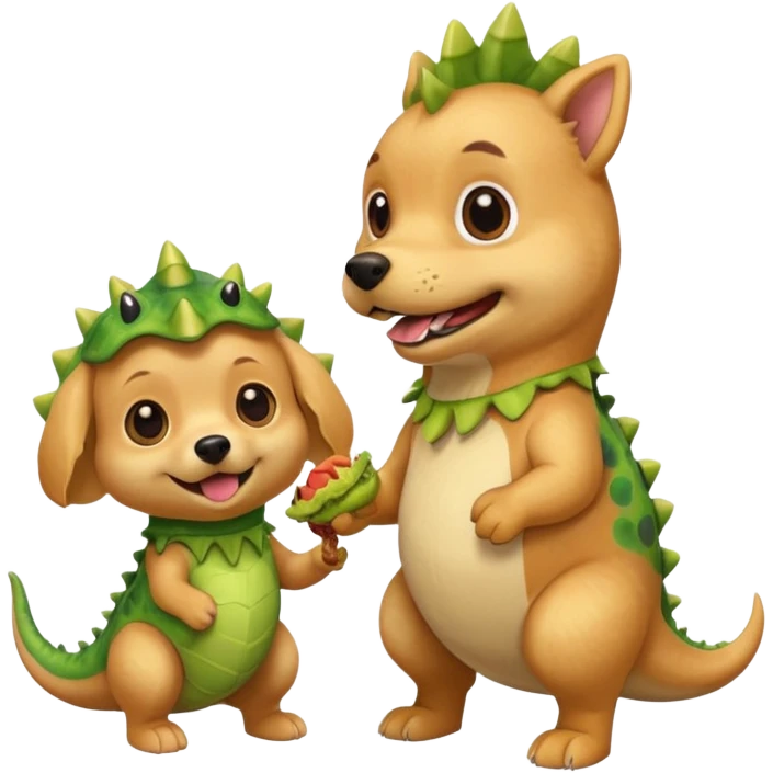 a golden retriever with a dinosaur costume thats eating a chihuahua thats in a dinosuar costume emoji