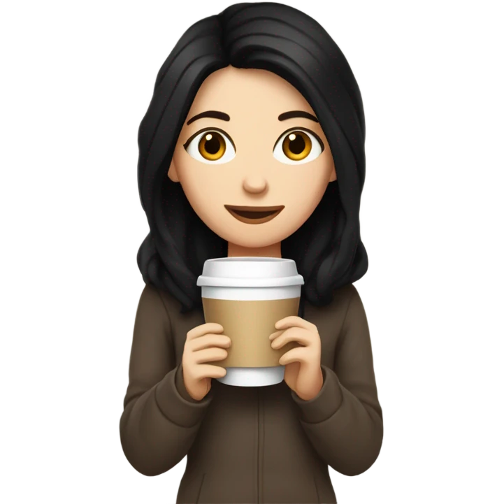 White girl with black hair in a cozy outfit sipping coffee emoji
