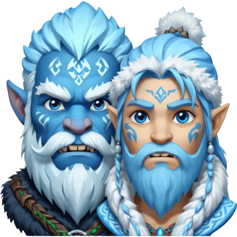 Legendary fantasy orc Christmas portrait icon, Frostfather and Snow Maiden inspired, primal winter god style, massive icy beard, glowing blue eyes, heavy fur coat, tribal frost runes, powerful brutal presence, blizzard atmosphere, clean stylized emoji icon
 emoji