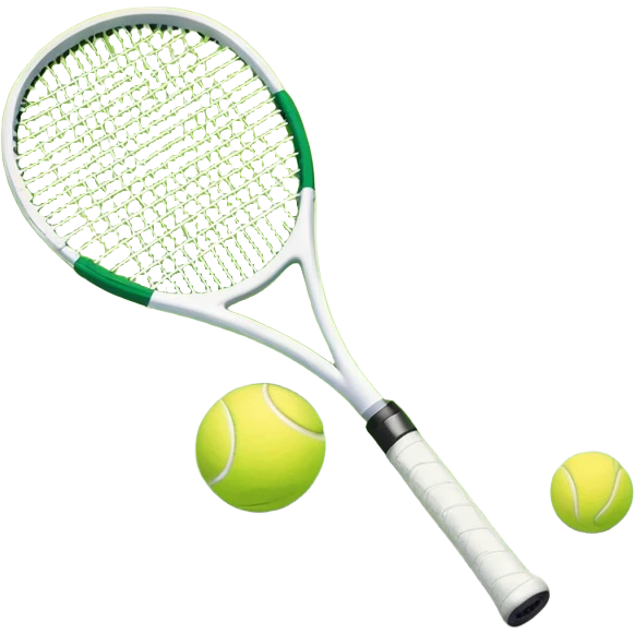 A tennis racket and ball placed on the grass court, with the lines of the court clearly visible in the background. The scene captures the essence of the sport, highlighting the equipment and the vibrant, open atmosphere of a tennis match emoji