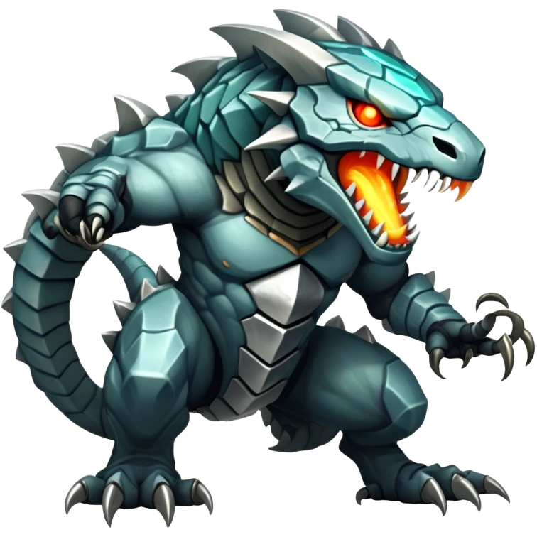 Create a hybrid predator that combines the territorial stone guardian's impenetrable defense with the metallic serpent's deadly speed and venomous bite, resulting in a segmented rock-steel creature that can both form a protective shell and uncoil into a swift, striking form with glowing eyes and crystalline fangs. full body emoji