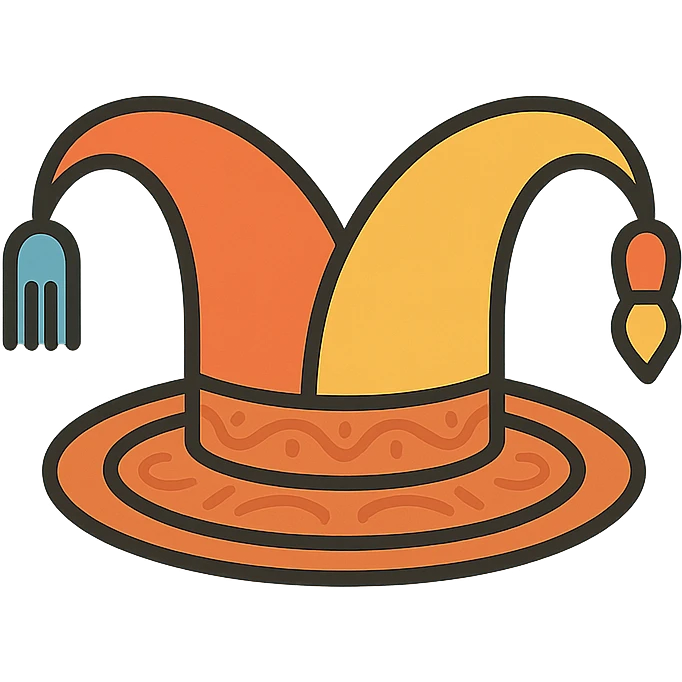 minimalist branding logo of a jester's hat with a fork and a paintbrush as two bells, sitting on a round plate with subtle ceramic patterns, warm inviting flat colors, playful yet professional, creative culinary and pottery workshop emoji