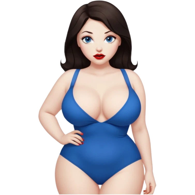 sexy mistress, dark brown hair, slutty outfit. curvy body. pale skin. blue eyes. oversized breasts. emoji
