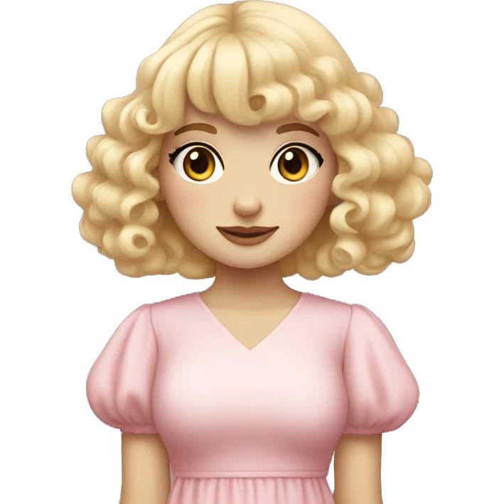 pale girl with bangs and long blonde curly hair and a pastel pink puff sleeve dress emoji