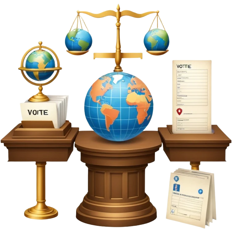 An icon featuring a podium with a speaker, a ballot box with a voting slip, and a globe, symbolizing political science. The design includes scales of justice and a world map in the background, representing governance and global politics. Transparent background highlights political analysis. emoji