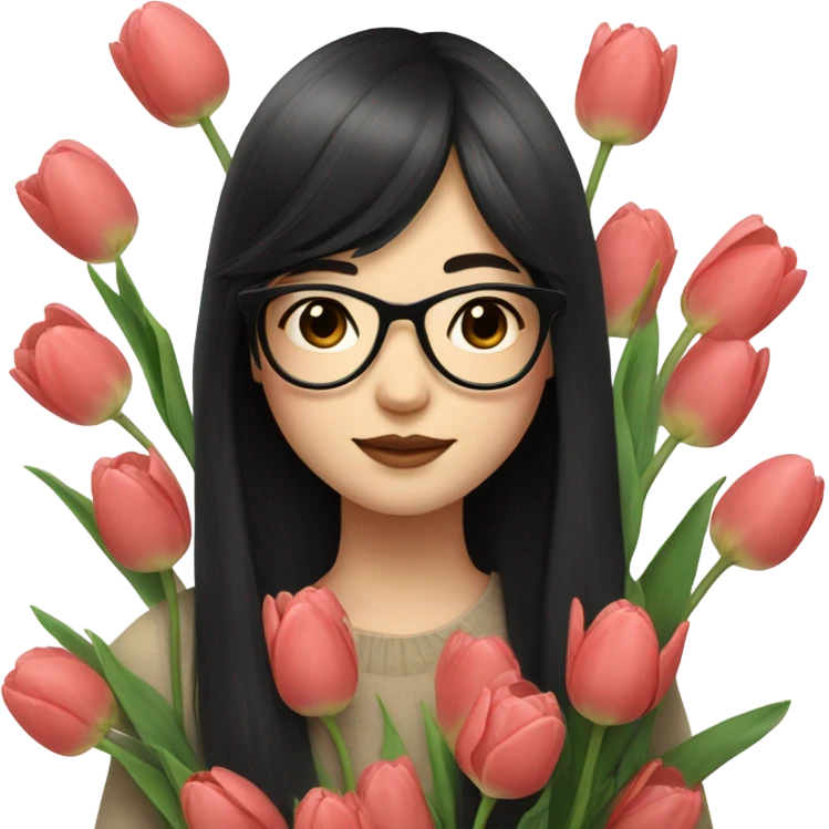 asian pale skin girl with long black hair and bangs and glasses holding tulips emoji