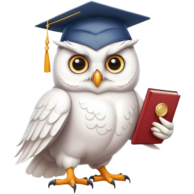 happy white Owl with graduation hat and diploma in claws emoji