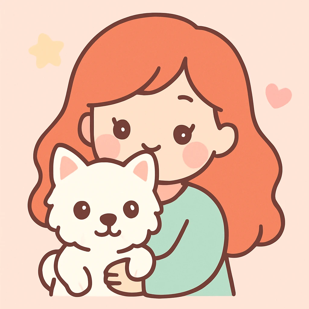 red headed woman with a Westie dog, soft and cute, gentle colors emoji