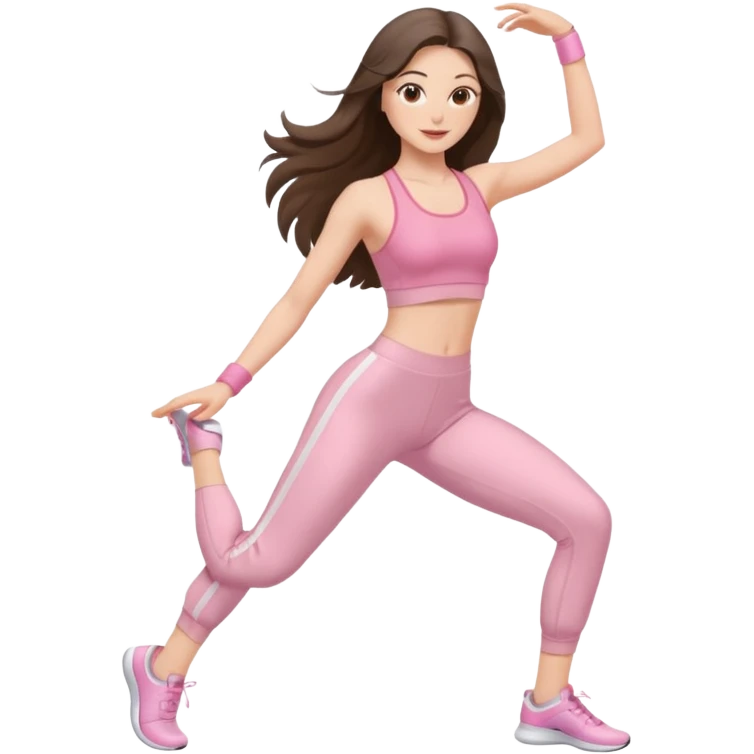 white brunette girl long hair with hazel eyes in light pink workout clothes dancing  emoji