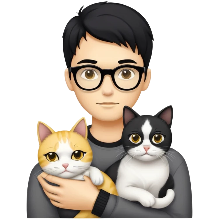 A young man with a long face and warm yellow-toned skin, black hair, wearing a pair of black glasses, cradling a grayish-white cat emoji