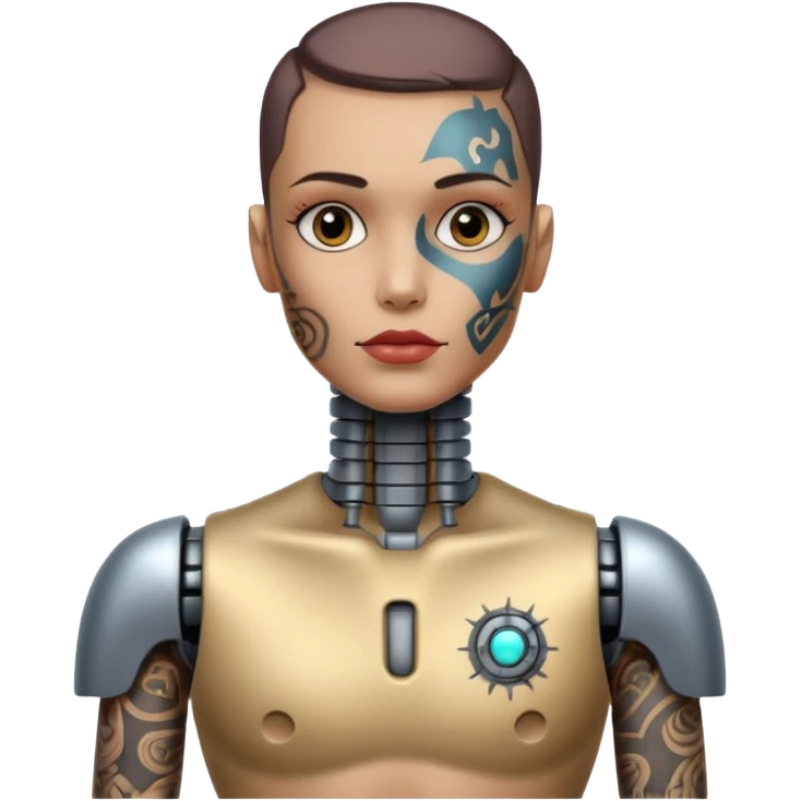Tatooed robot, tatooes on chest, neck and face emoji