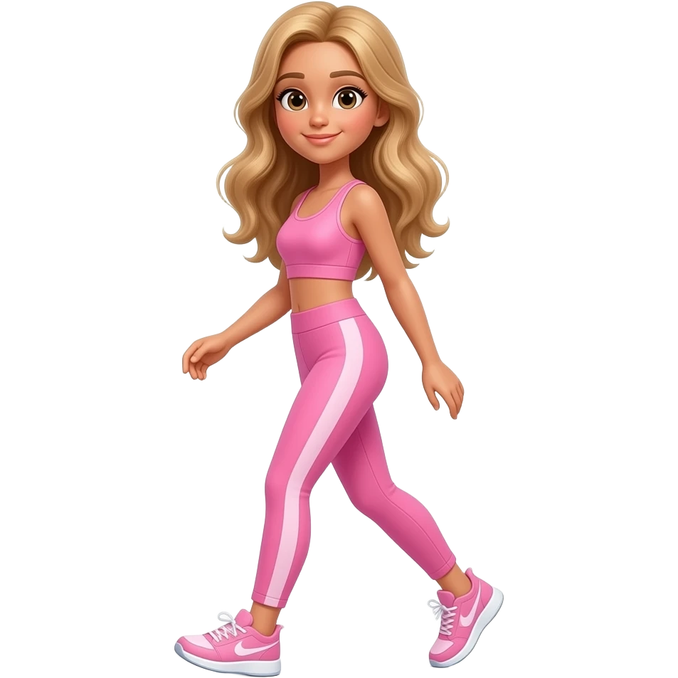 Apple emoji Long Blonde haired girl with tan walking left to right in pink activewear aesthetic, soft lighting, complex , clean girl aesthetic emoji