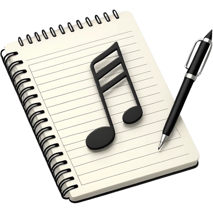Minimalistic flat vector icon, iOS style, thin black contour on white background. Small notebook with a musical note on the cover, a pen placed next to it. Clean, modern, no text, no shadows. emoji