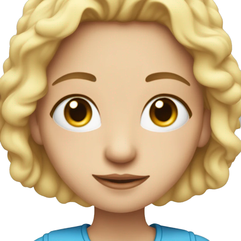 Crea un emoji de una chica con pelo lacio rubio hasta los hombros piel blanca pecas ojos azules y una remera celeste que está leyendo un libro emoji