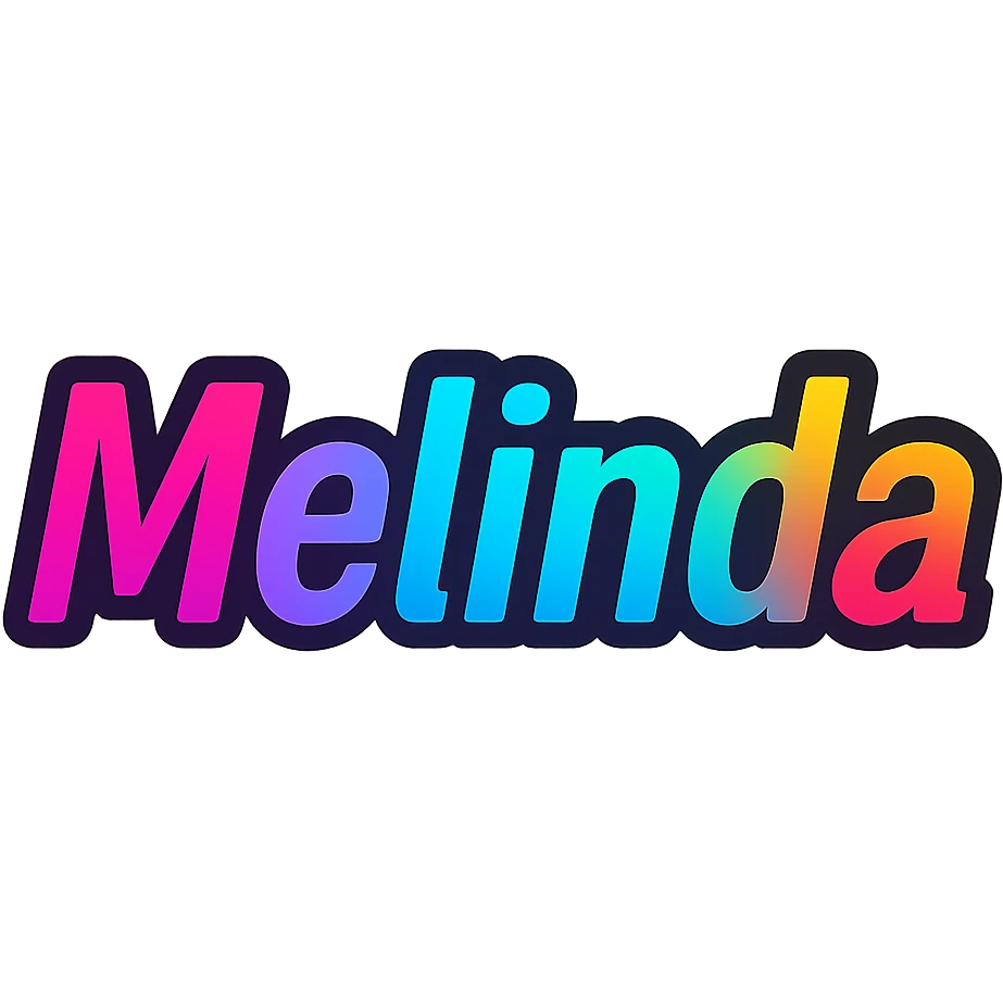 The name 'Melinda' in a modern, colorful gradient font with a dark outline, transparent background, in the style of sample images emoji