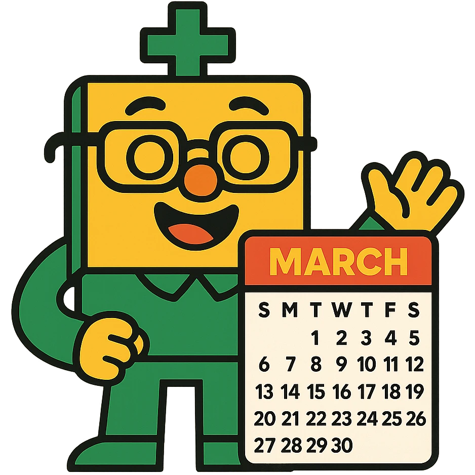 cheerful math mascot with glasses, green clothing, and March calendar details emoji