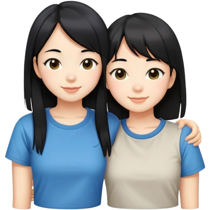 Two cute Japanese girls with straight black hair wearing modern Western clothes like t-shirts, faces pressed together cheek to cheek, smiling happily emoji