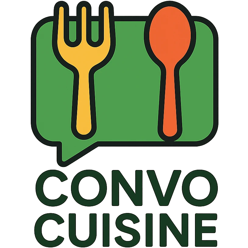 green playful logo for Convo Cuisine recipe book with chat bubble and utensils emoji