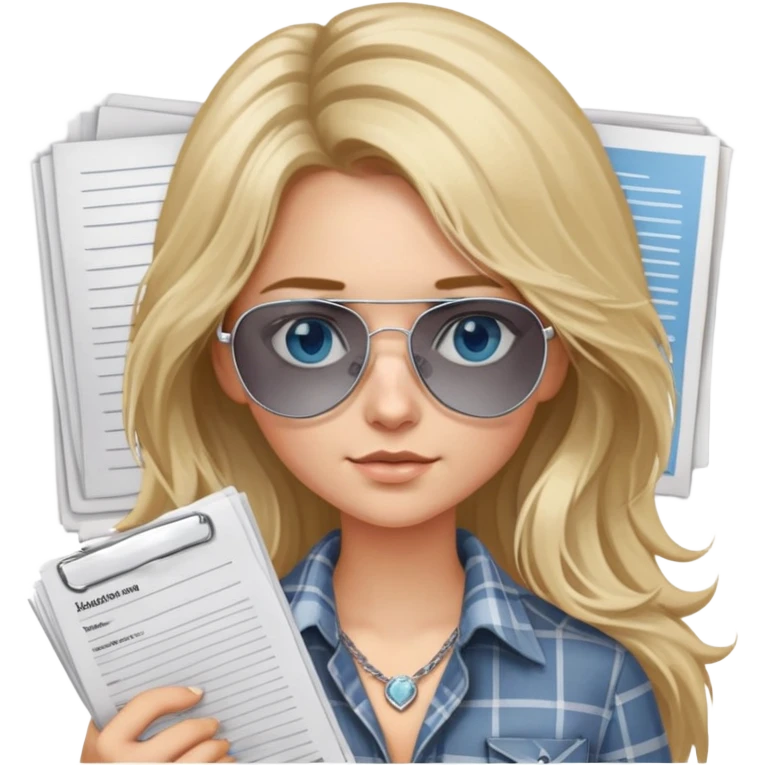 girl with long blond messy hair wearing grey plaid shirt with blue eyes and aviator sunglasses wearing a ring on her silver necklace, holding lawyer papers emoji