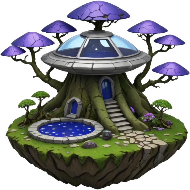 Crashed Alien saucer-castle jungle winding trail mountainside getaway haunted nighttime hobbit landscape antique mudman very old broken cracked intricate Stone Age lapis-crusted irregular dodecagon-shaped shallow dark moss rough bark violet flowered maple treehouse bonsai Saikei coffee table  emoji