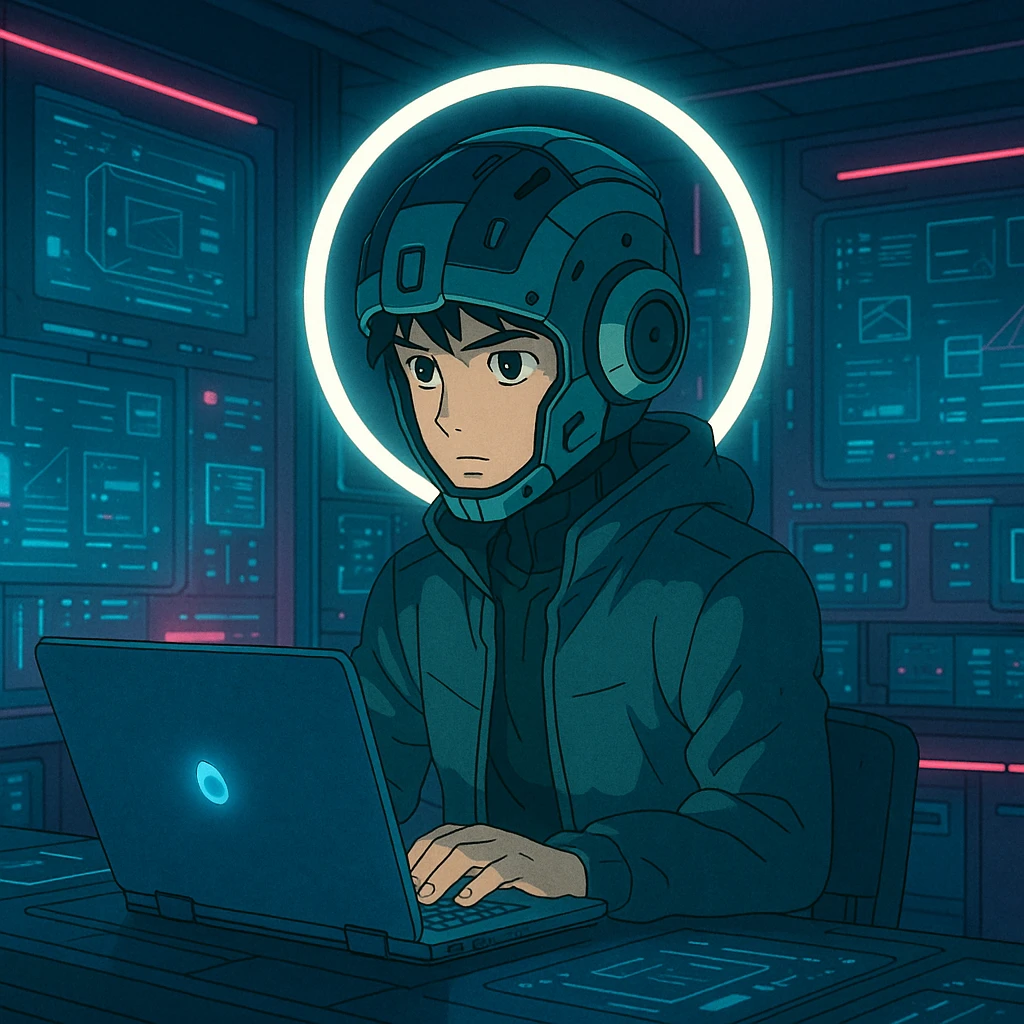 ghibli style futuristic tech boy with robot helmet, glowing white circle, high-tech laptop, neon cyberpunk room, holographic displays, focused, mysterious emoji