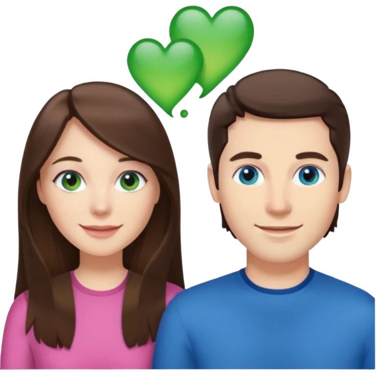 “A pink Polaroid-style photo of a couple: a white woman with long brunette hair and blue eyes, and a white man with short brunette hair and green eyes.” emoji