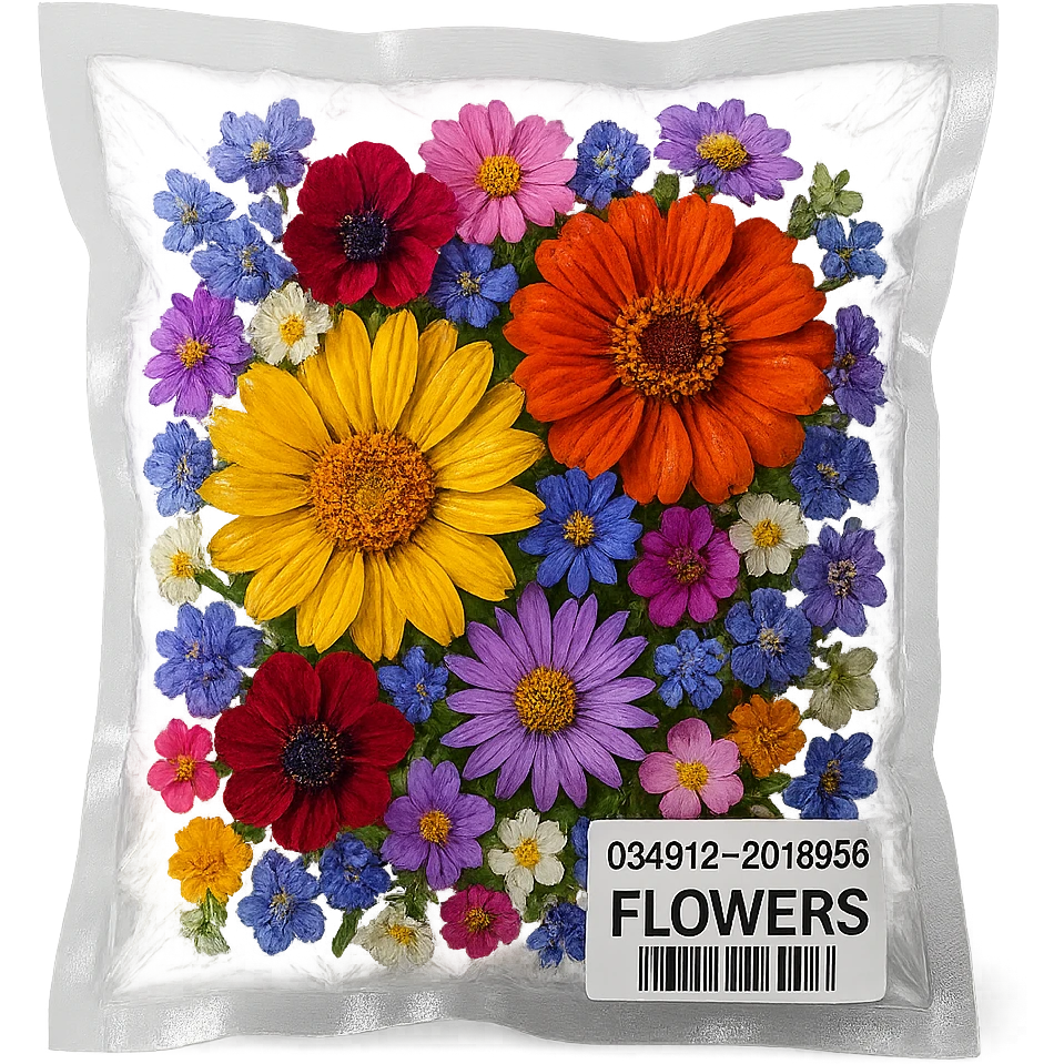 variety of small flowers in different colors, glossy, vacuum-sealed style emoji