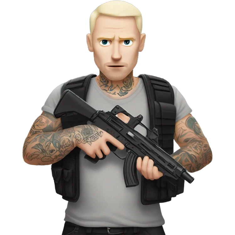 Pale skinned man with face tattoos holding a gun emoji