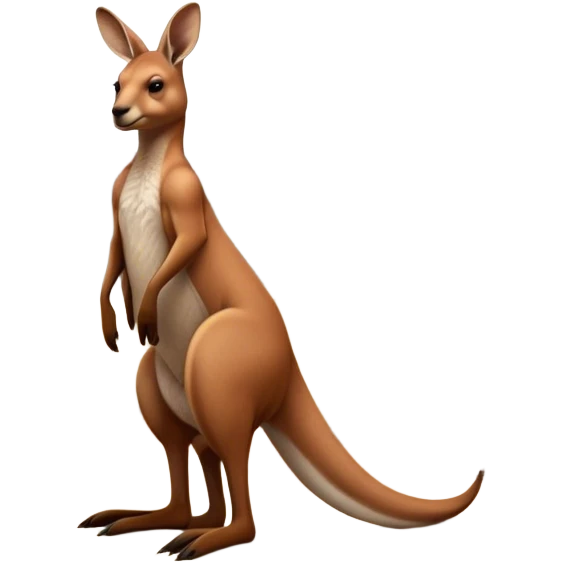 Full-body Australian Kangaroo – Cinematic-realistic Australian kangaroo, standing tall with powerful hind legs and a muscular tail for balance. Its reddish-brown fur glows under the golden sunlight, ears perked and eyes alert. The rugged outback stretches behind it, with dry grass and scattered eucalyptus trees completing the iconic scene. emoji