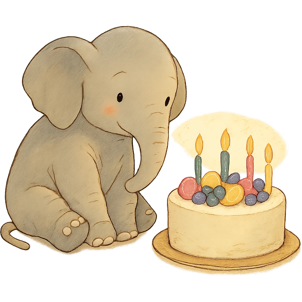 elephant beside one colorful candle-lit fruit cake, soft Ghibli style emoji