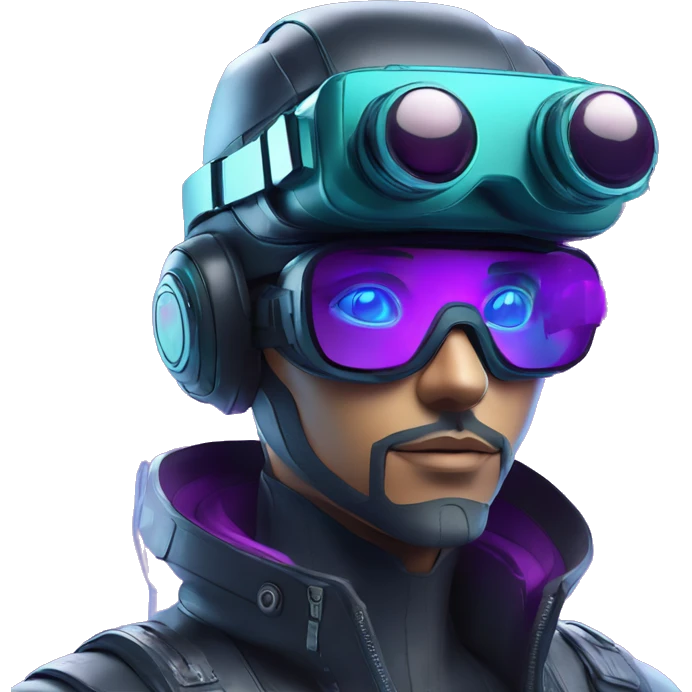 Secret humanoid agent in a futuristic hat with in Apple VR goggles headset code display on the goggles , cyberpunk, cyan and purple colors, only upper body portrait, front facing the camera  emoji