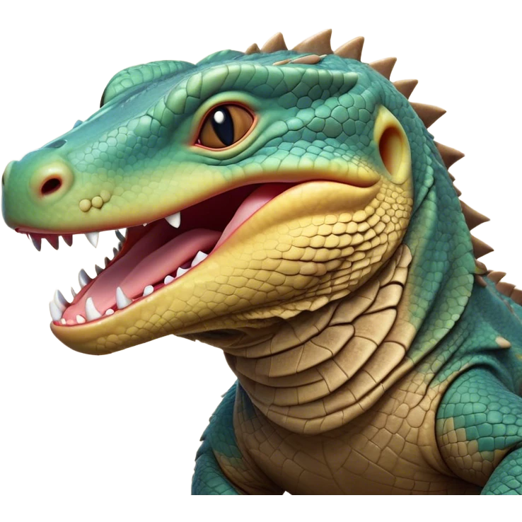 Cinematic Cute Yawning Komodo Dragon Lizard Portrait Emoji, Head slightly angled in a dramatic, wide-open yawn, showcasing rugged, textured scales and sleepy, half-closed eyes, Simplified yet irresistibly adorable features, highly detailed, glowing with a soft, cozy glow, high shine, relaxed yet expressive, stylized with a hint of whimsical wildness, soft glowing outline, capturing the essence of a drowsy yet endearing reptile that appears ready to stretch out for a nap! emoji