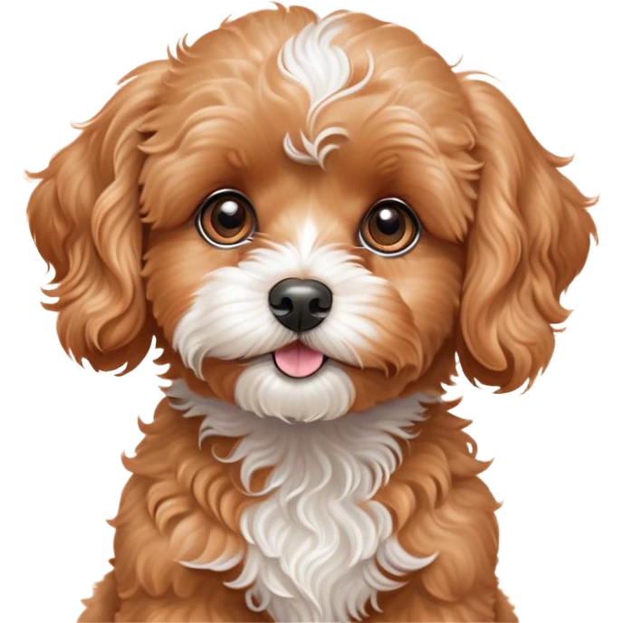 Cinematic Cute Apricot Cavoodle Portrait Emoji, Head tilted playfully and inquisitively, with a fluffy curly apricot coat adorned with subtle white patches, round, sparkling brown eyes filled with curiosity, Simplified yet irresistibly adorable features, highly detailed, glowing with a warm, friendly glow, high shine, affectionate and lively, stylized with a touch of whimsy, bright and endearing, soft glowing outline, capturing the essence of a mischievous yet loving companion, so playful it feels like it could bound out of the screen and into your arms! emoji