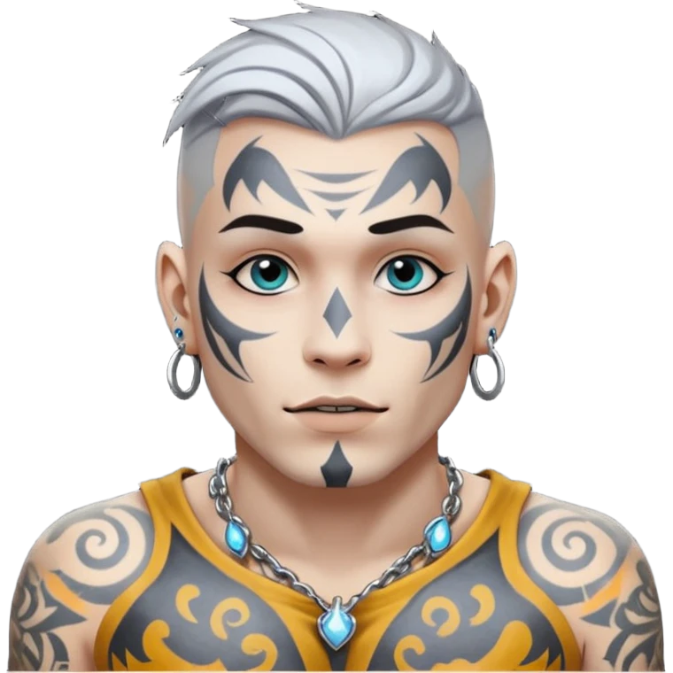 white skin Rock-style man — piercings, glowing tattoos on face emoji