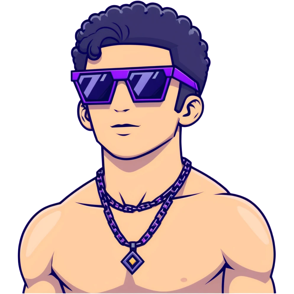 shirtless male athlete with white skin and moderately curly black hair on top with shaved sides, wearing sharp angular geometric purple sunglasses with very dark heavily tinted black lenses, and a simple plain black chain necklace, no earrings emoji