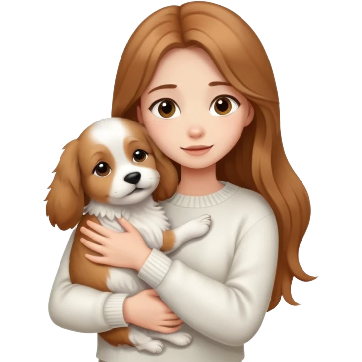 a girl with long light brown hair, in a white sweater, hugs a cute one dog. emoji