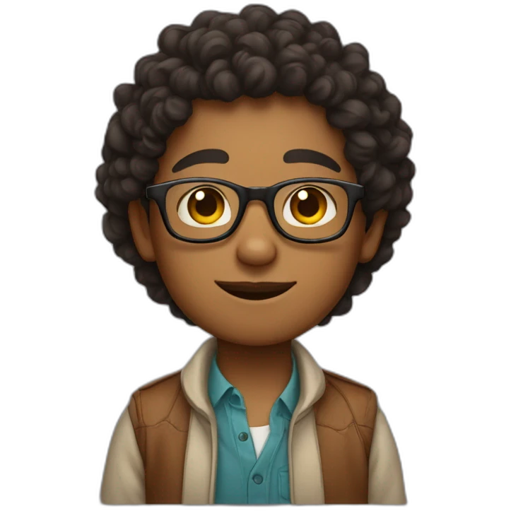 Boy with indian skin and square rounded glasses curly hair emoji