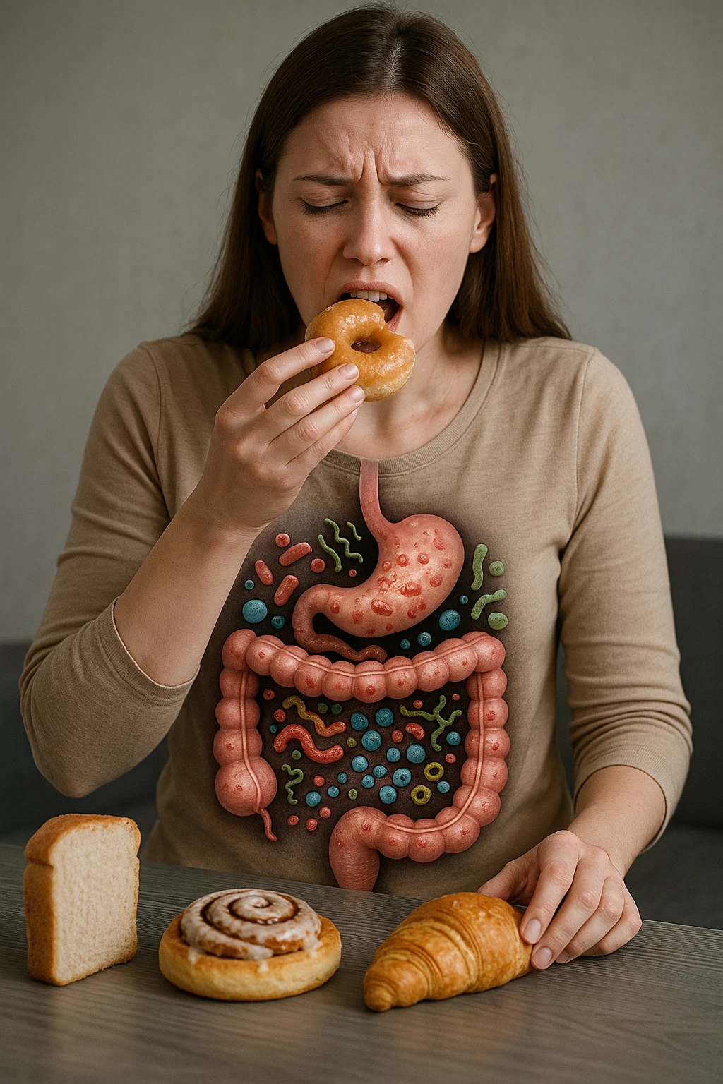 donna con batteri cattivi pieni nel suo intestino immagini realistiche mangia alimentazione ricca di glutine e zuccheri alimentando tutti i batteri cattivi emoji